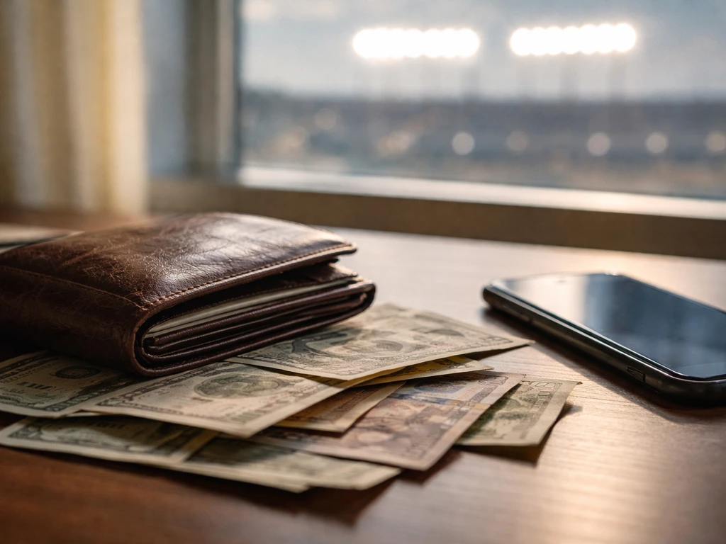 Leather wallet and currency on a desk with a blurred stadium lights view, symbolizing football earnings sources.