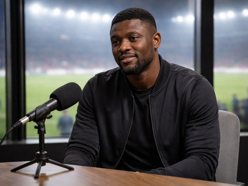 Anonymous former footballer interviewed in a Nigerian football media studio with a microphone