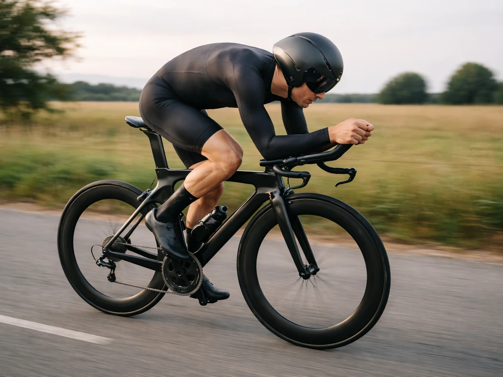 A lone cyclist in time-trial posture on a road, focused on high-speed power and aerodynamics.