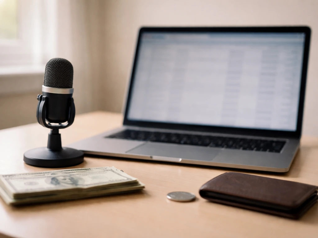 Minimal photo of a desk with scattered cash, a laptop, and a microphone, symbolizing income factors behind a range.