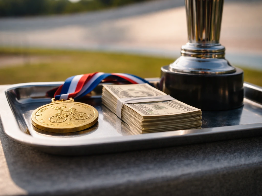 Cycling medal and cash tucked into a race organizer tray, close-up with blurred track background