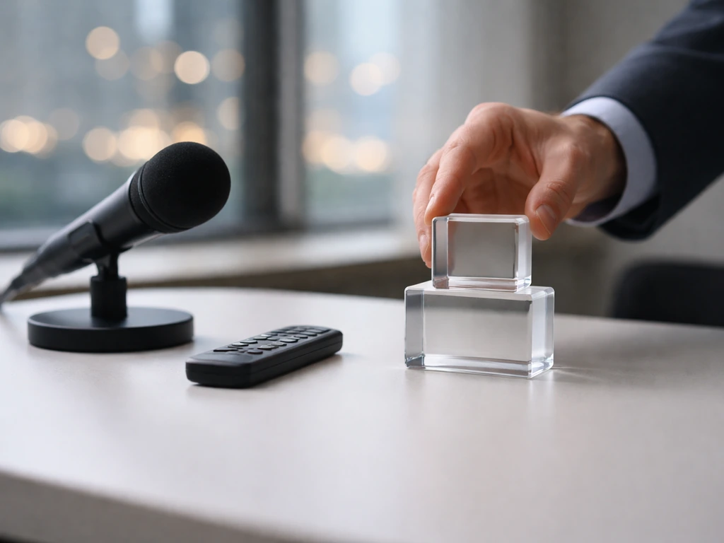 Anonymous desk with microphone and two glass blocks stacked to suggest a tier comparison.