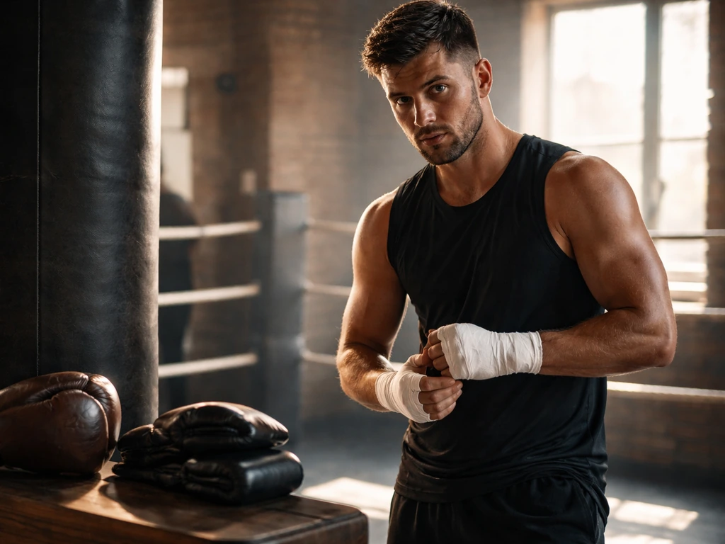 Anonymous boxer in a training gym beside a heavy bag, with gloves and warm natural light.