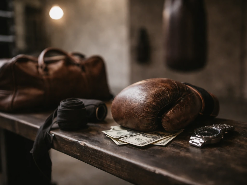 Worn boxing glove on a gym bench with blurred money and luxury items nearby, no person visible.
