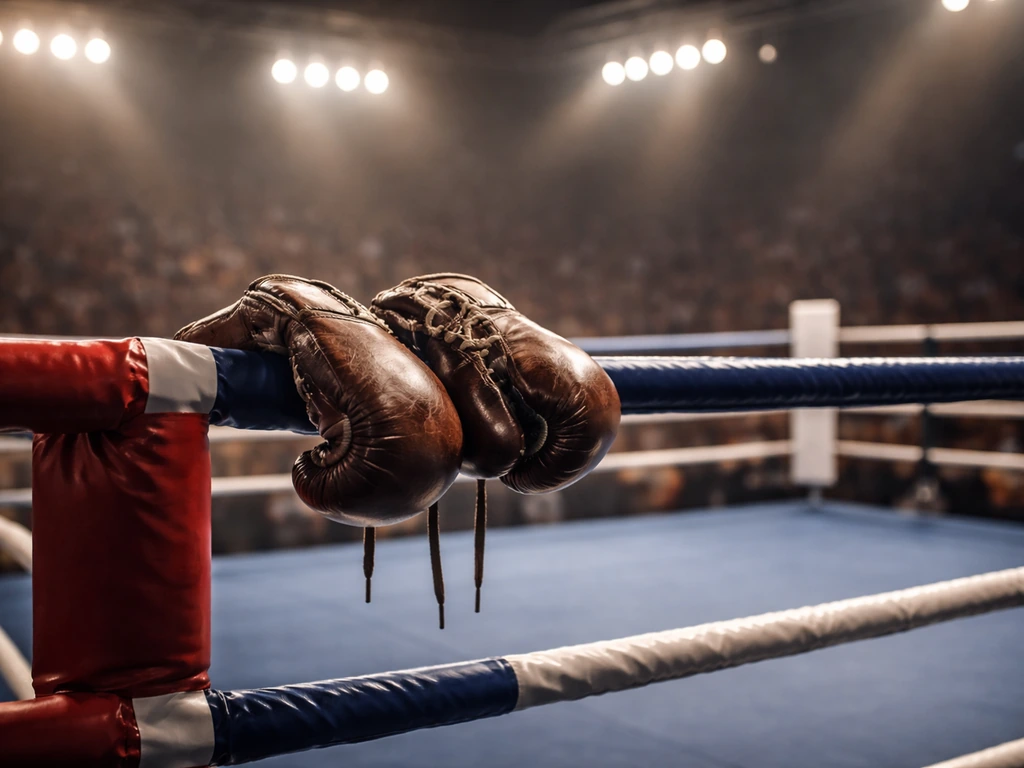 Worn boxing gloves on a ring rope with a softly blurred arena, symbolizing pro boxing earnings.