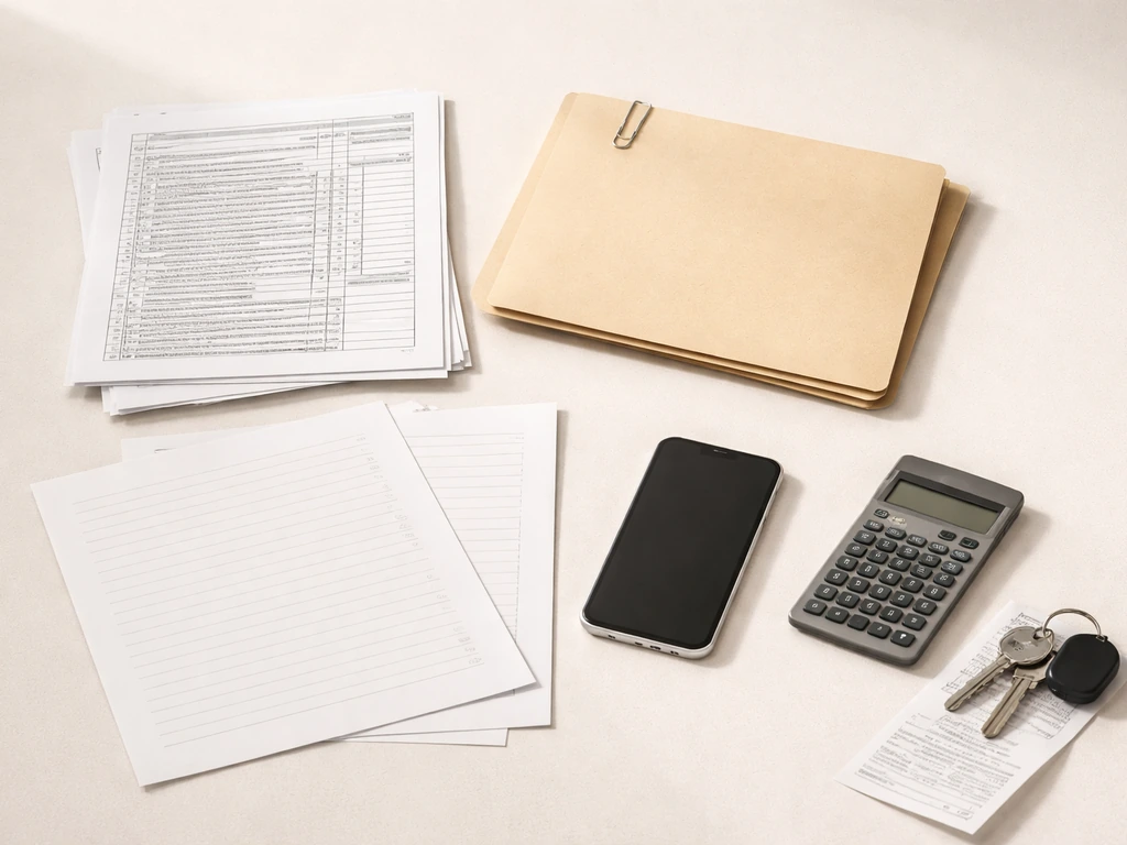 Minimal flat-lay of tax forms, legal paperwork, calculator, and keys symbolizing expenses shrinking net worth.