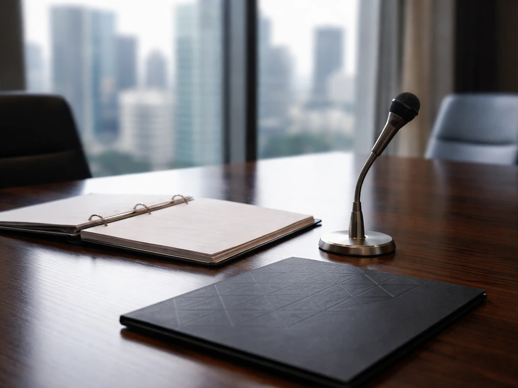 Quiet corporate office desk with documents and a microphone, city skyline through a window.