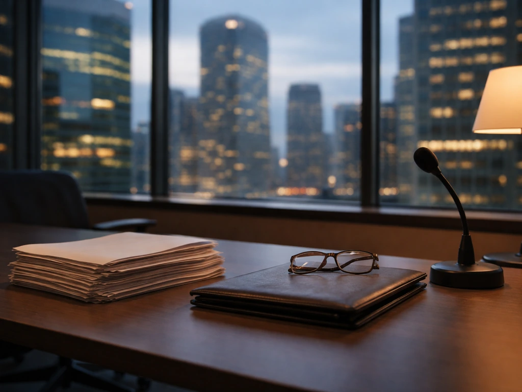 Quiet Citigroup-era office scene with a corporate glass skyline view and a desk holding financial documents