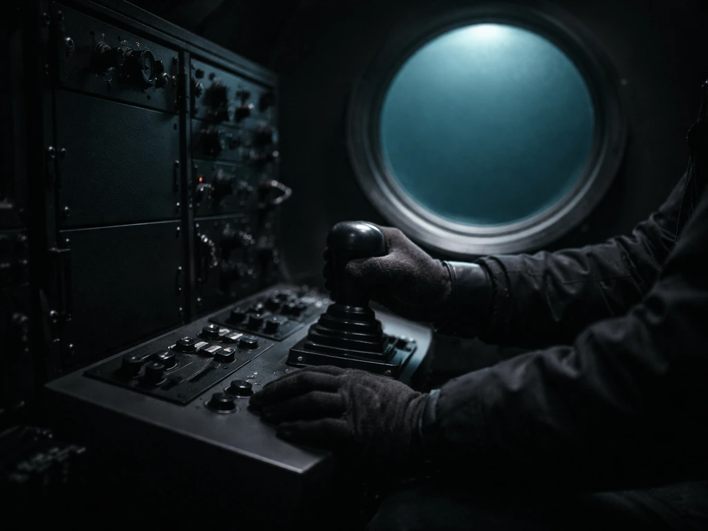 Anonymous hands adjusting a deep-sea exploration console near a dark porthole window.