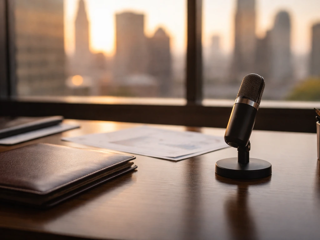 Luxury private equity office desk with blurred fund paperwork and a city skyline through window