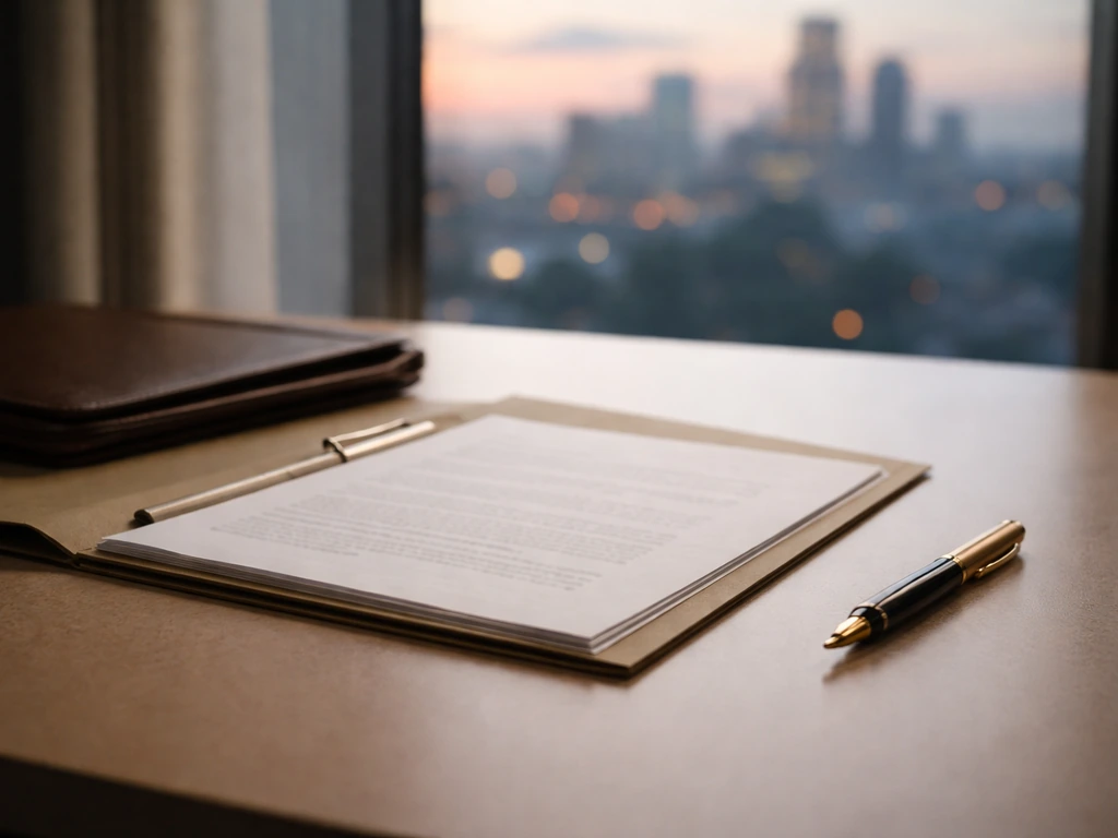 Close view of a polished desk with a sealed document folder, brass pen, and blurred city skyline lights