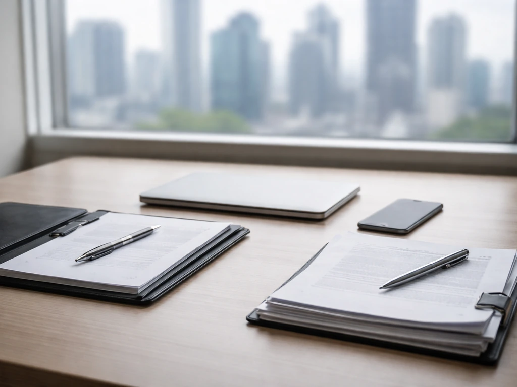 Minimal office desk with documents and a closed laptop, symbolizing business assets analysis