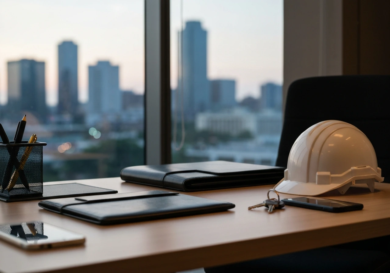 Modern office desk with a blurred city skyline, suggesting business wealth estimation
