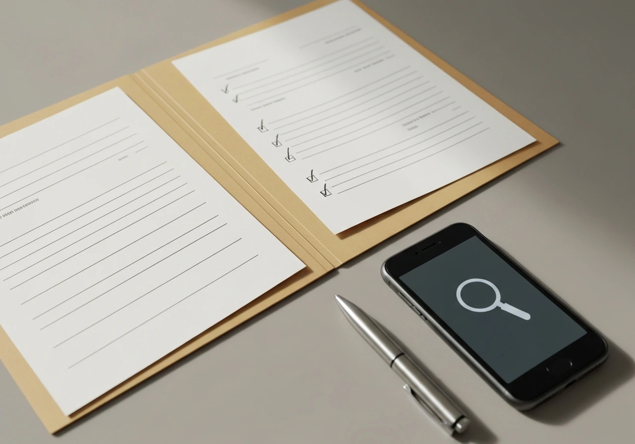 Minimal desk with open folder, blank documents, pen, and phone suggesting identity verification by search.