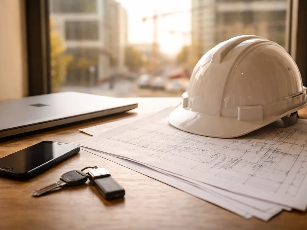 Construction executive research desk with hard hat, blueprints, laptop, and out-of-focus cranes outside window.