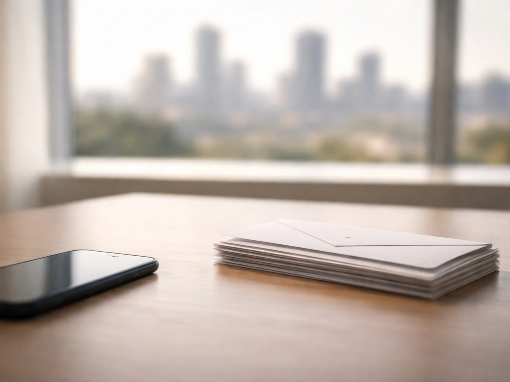 Minimal desk scene with a blurred city skyline and a smartphone, symbolizing uncertain net-worth estimation