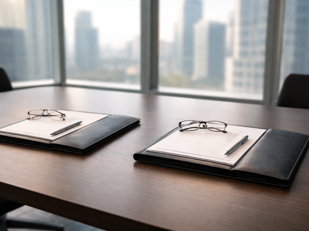Minimal corporate office desk with legal documents and pens arranged for an anonymous identity check comparison.
