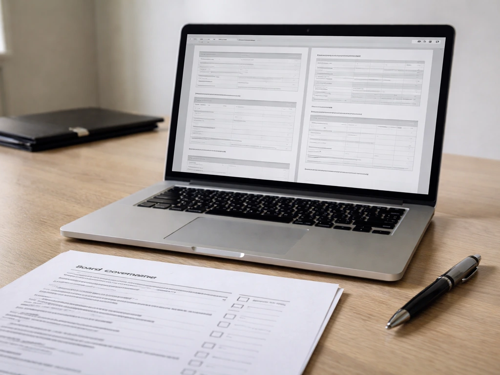 Close-up of a laptop displaying blank HKEX-style filing pages and a board governance document on a desk