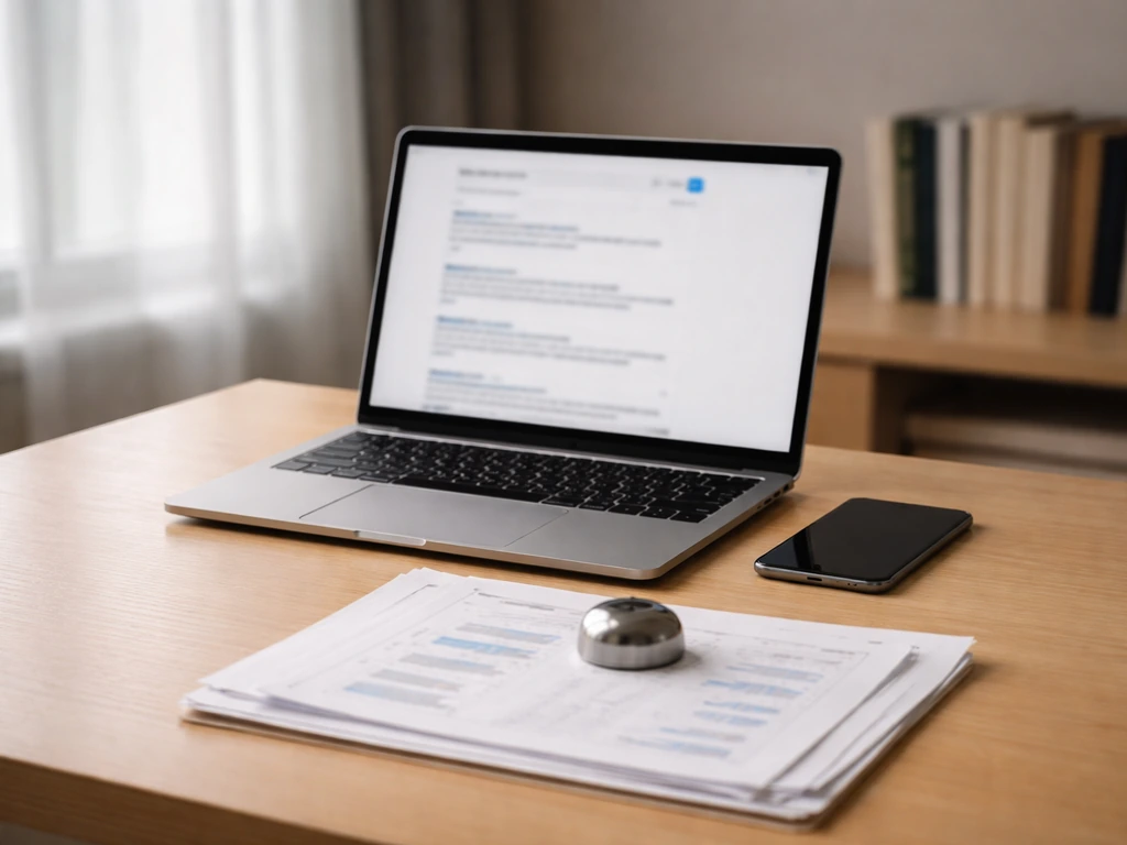 Minimal desk scene with a laptop, phone, and printed financial documents for evaluating online claims.