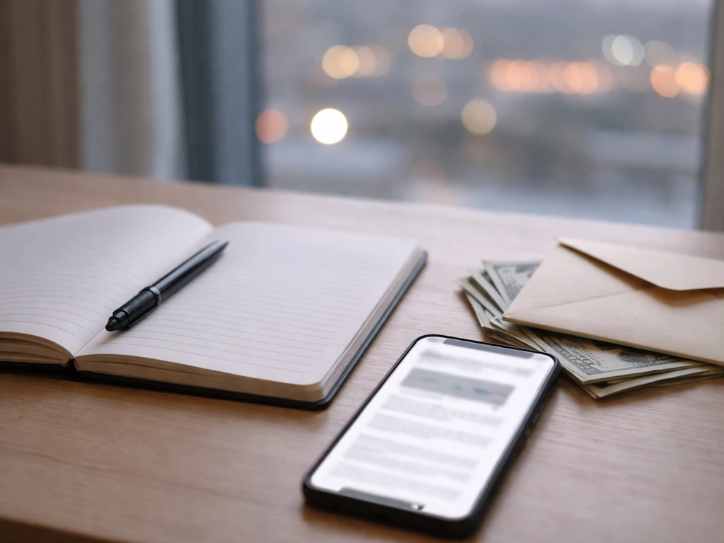 Minimal desk scene with blurred phone finance article, cash, and notebook suggesting net-worth research.