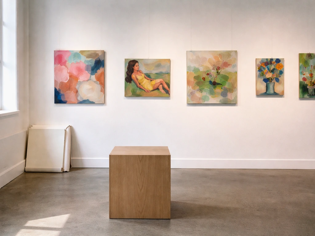 Minimal contemporary gallery wall with a few paintings, soft daylight, and an empty plinth in view.