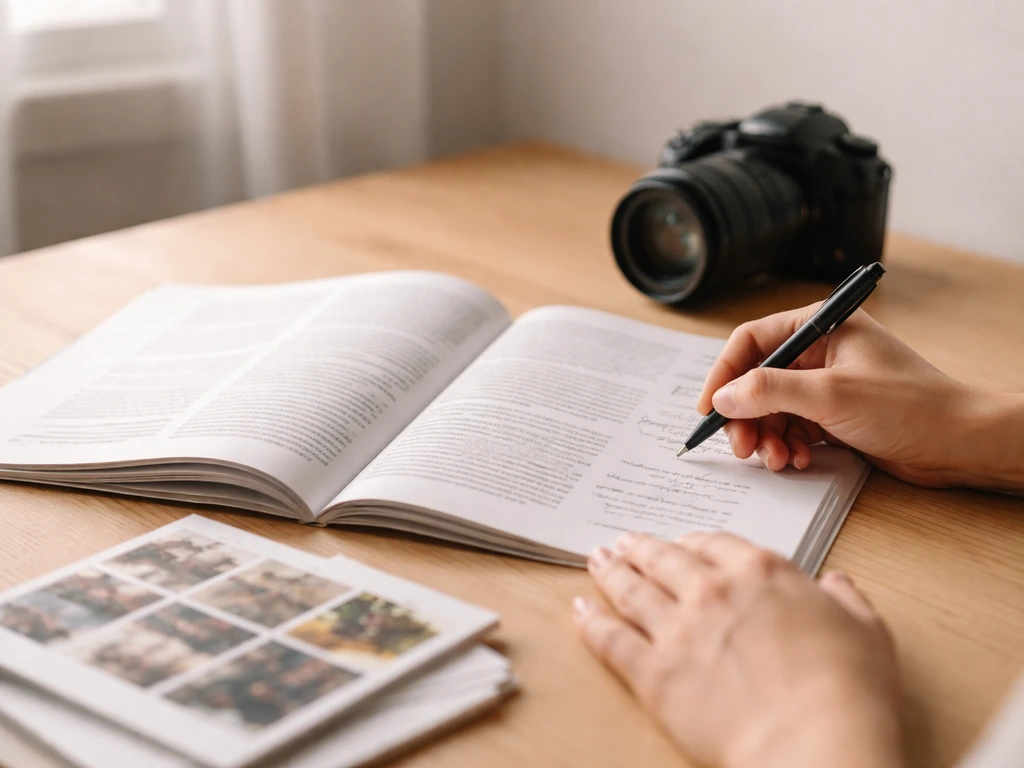 Open book with handwritten notes beside a camera and a softly lit contact-sheet style stack