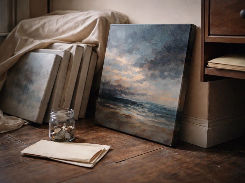 Unsold canvases and a covered folder in an art studio, suggesting assets that can’t be publicly verified.