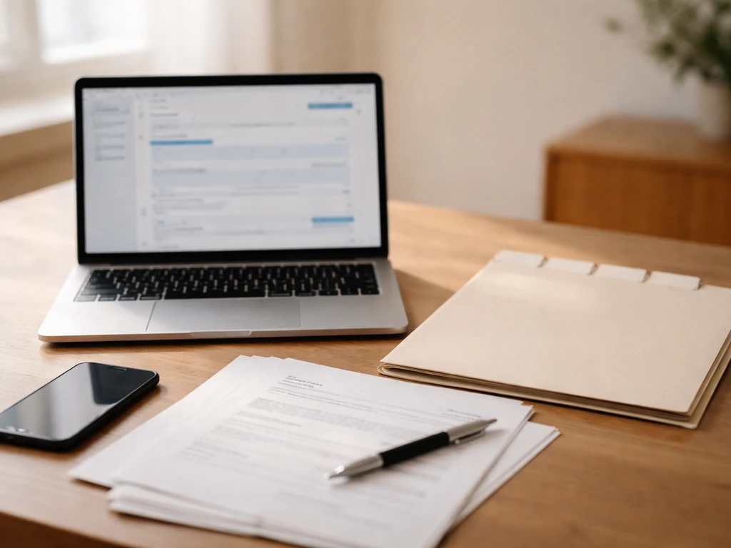 Minimal desk scene with laptop showing an official website and a folder of verification documents