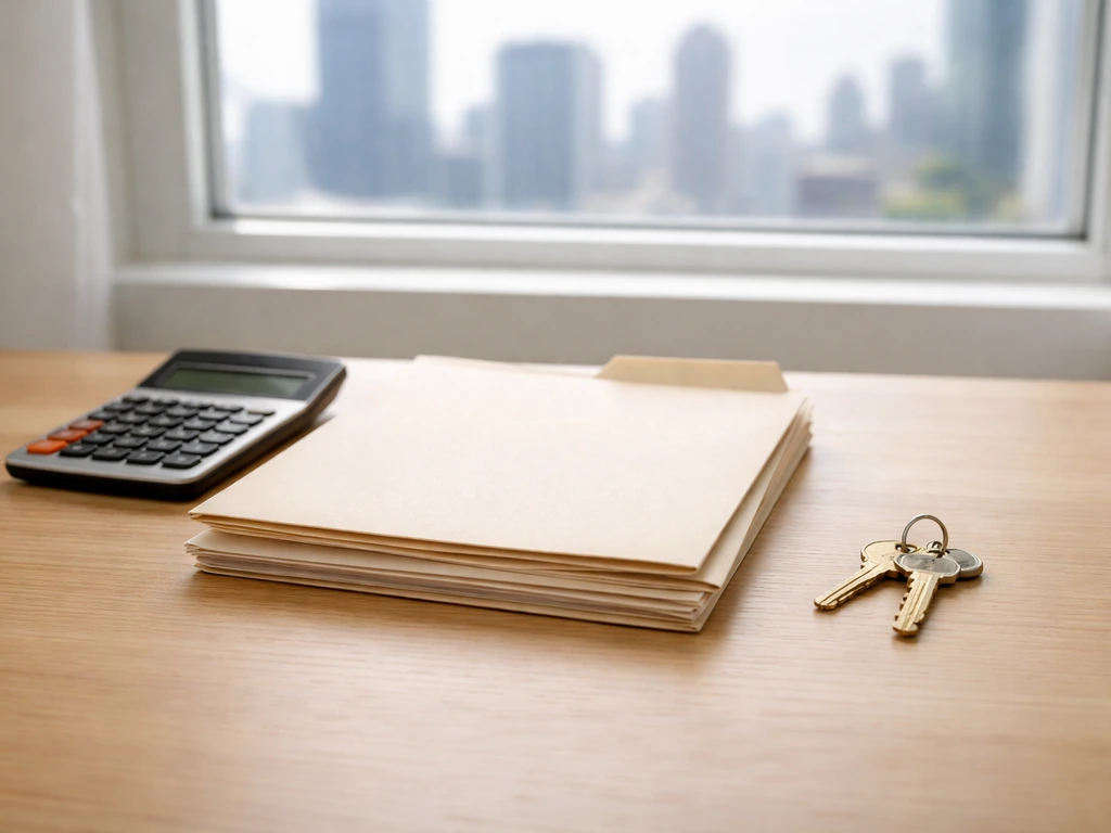 Real estate keys and a calculator beside a folder, suggesting private-company net worth estimation steps