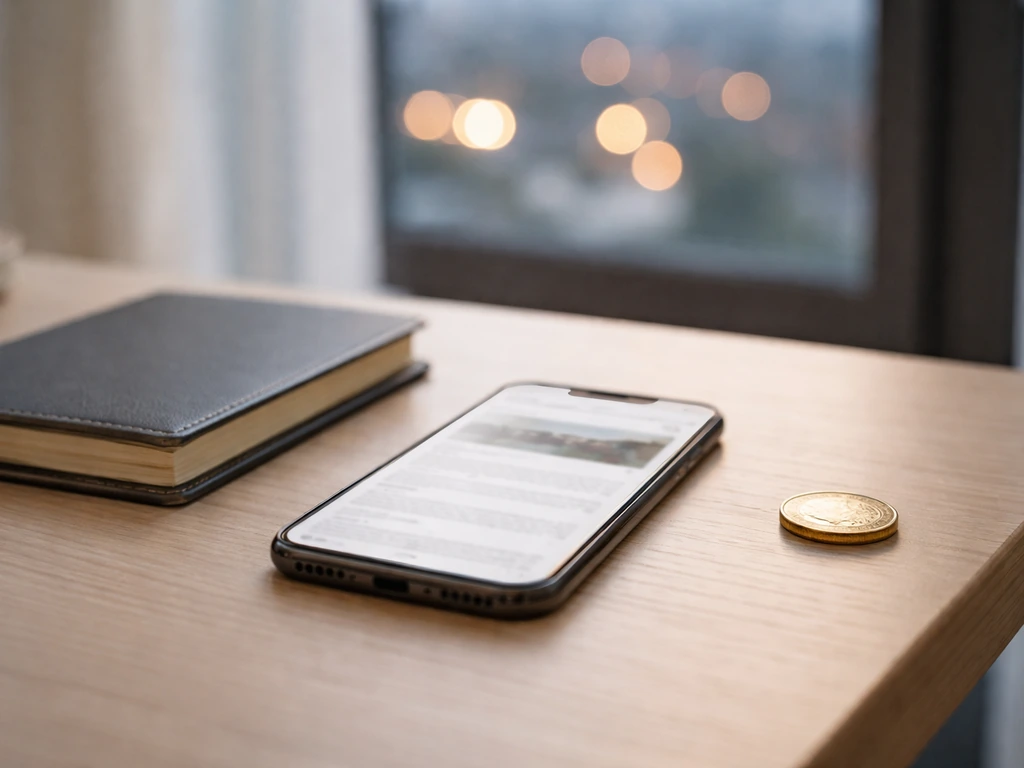 Minimal desk with a blurred phone web page, gold coin, and city light background suggesting fact-checking.