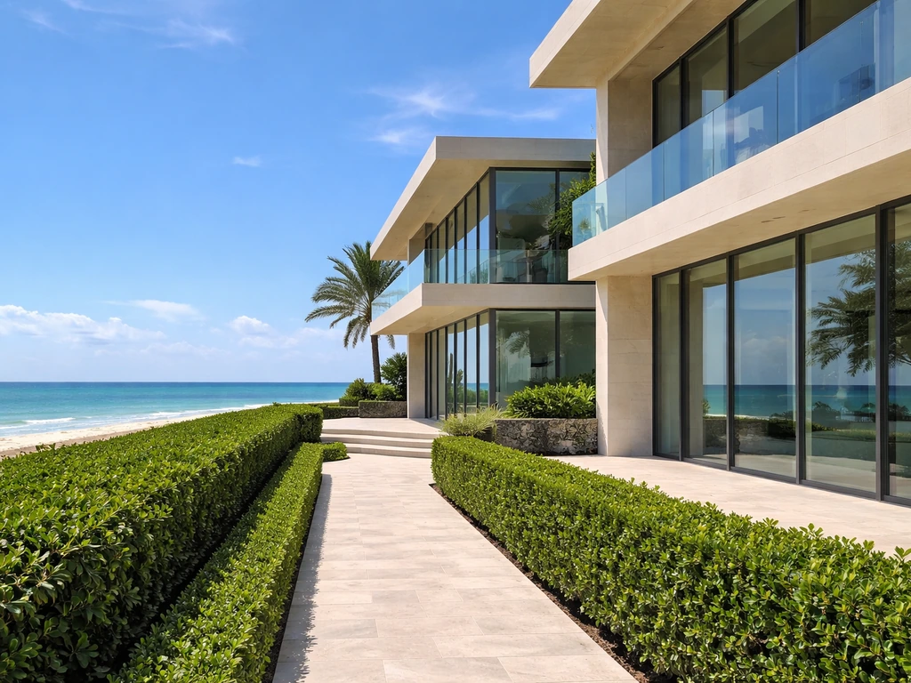 Sunlit luxury beachfront home on Miami Beach with calm ocean in the background.