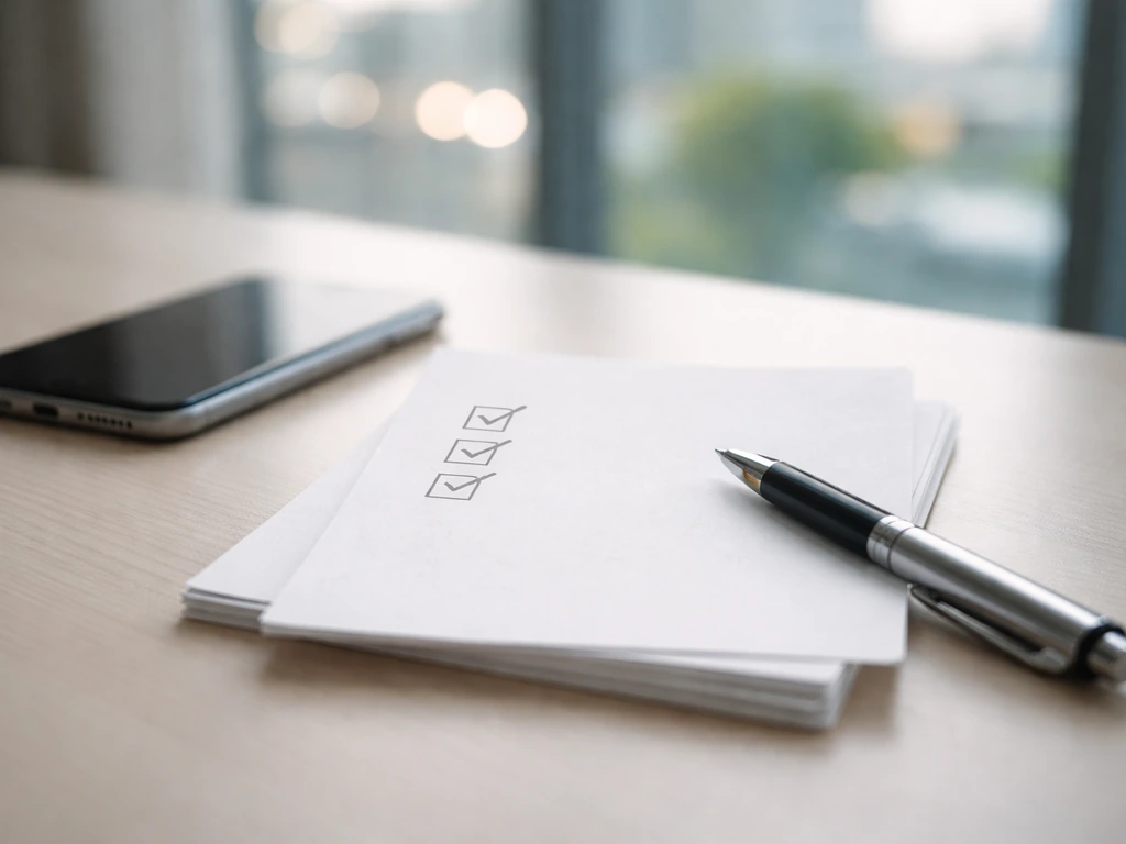 Close-up of a desk with blank checklist paper, pen, and smartphone next to a softly lit office window.