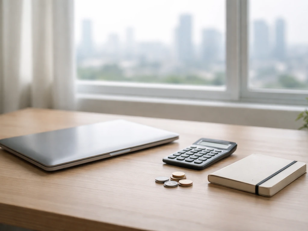 Minimal desk scene with a laptop, calculator, and muted city view symbolizing how a business estimate is built