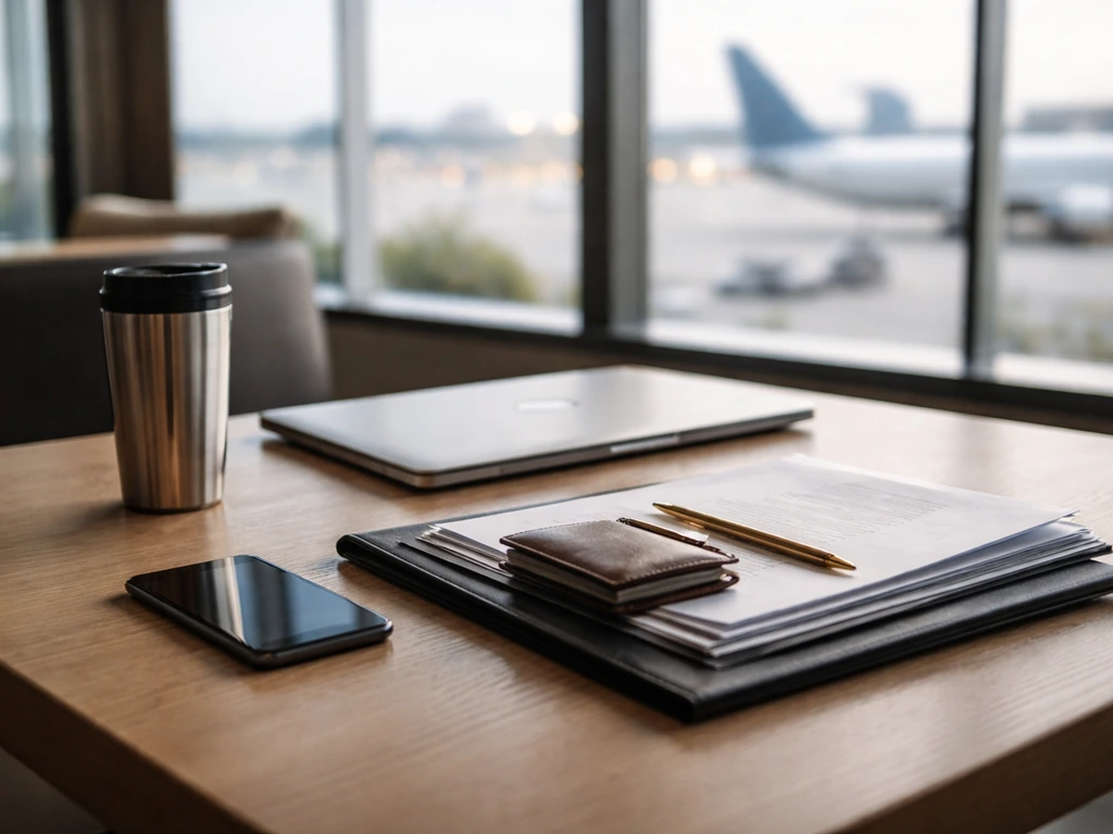 Minimal business desk by airport windows with documents and finance cues, blurred planes in background.