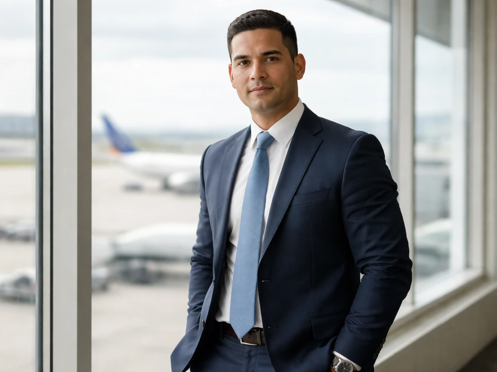 Anonymous airline executive in a suit by an airport window with aircraft visible in the distance