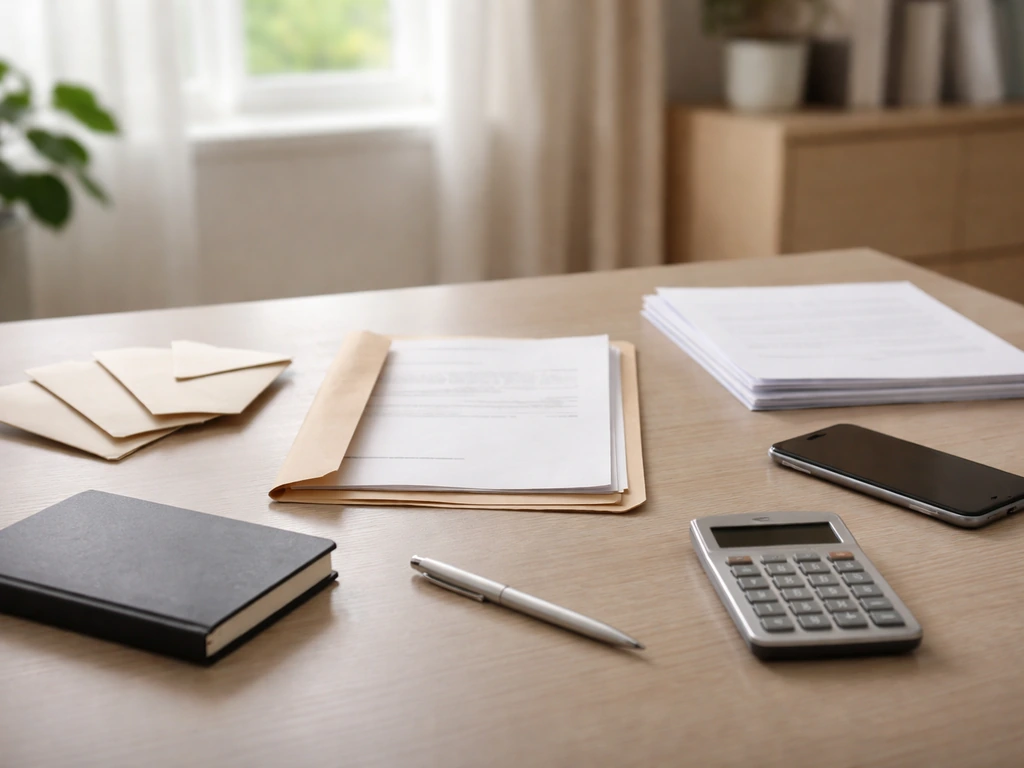 Minimal desk with blank documents, envelopes, smartphone, and calculator implying public sources to net worth estimates.