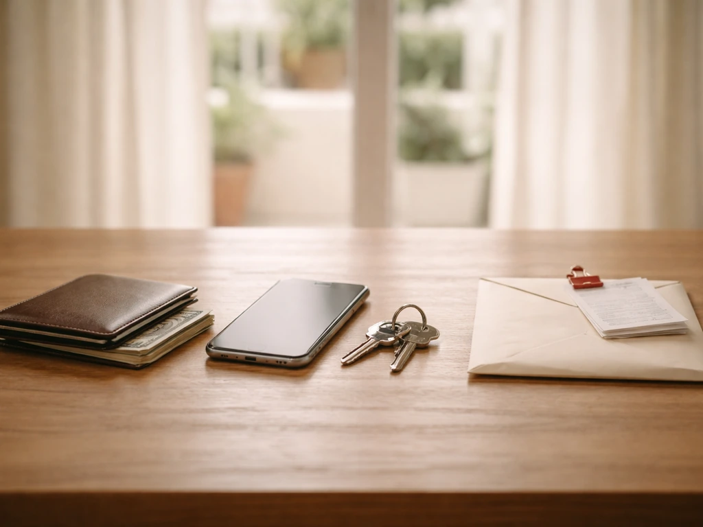 Wooden desk scene with wallet and keys suggesting assets, plus an envelope and clipped receipt suggesting liabilities.