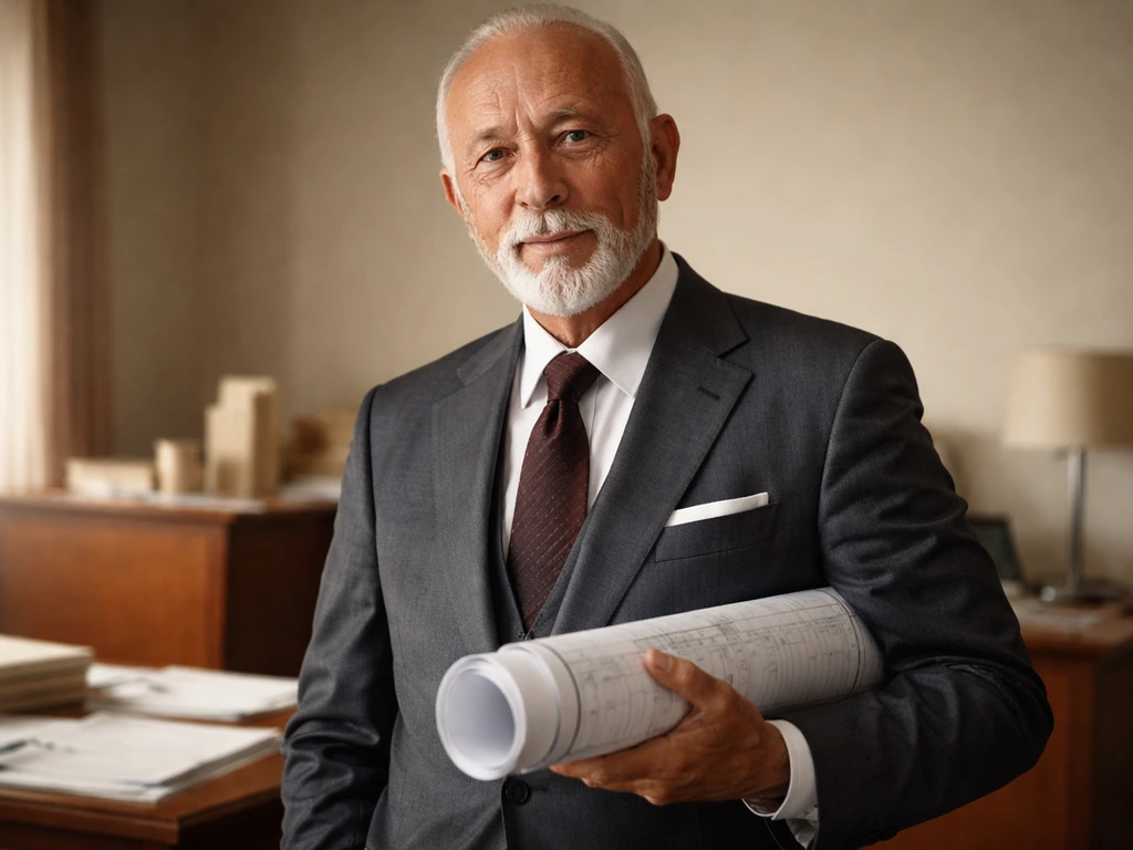 An elderly businessman holding rolled blueprints in a mid-century architectural office, warm natural light.