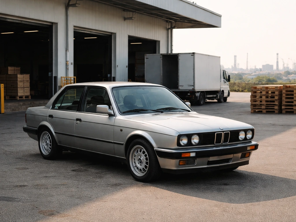 Vintage European sedan parked near a warehouse loading bay, suggesting auto importing and distribution.