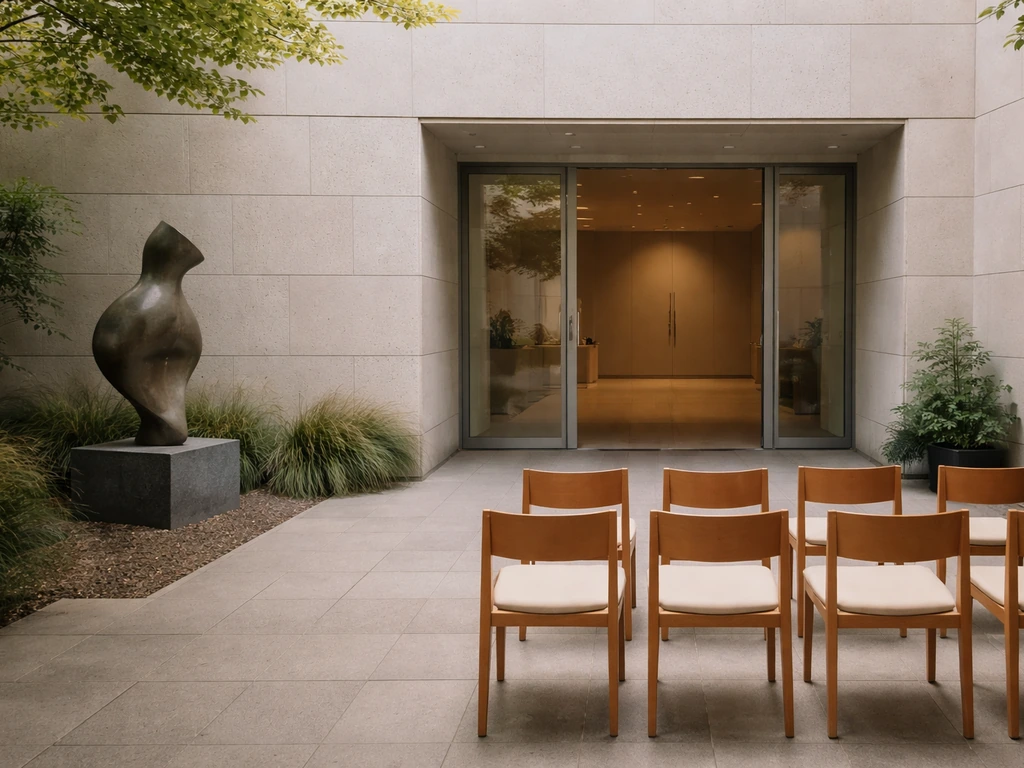 Quiet cultural foundation entrance with an abstract sculpture and empty chairs, symbolizing arts philanthropy.