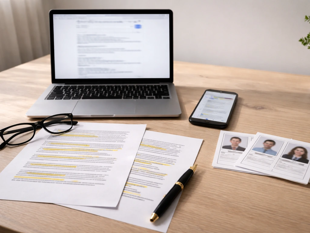 Minimal desk scene with blurred documents and laptop used to verify and triangulate identity claims.