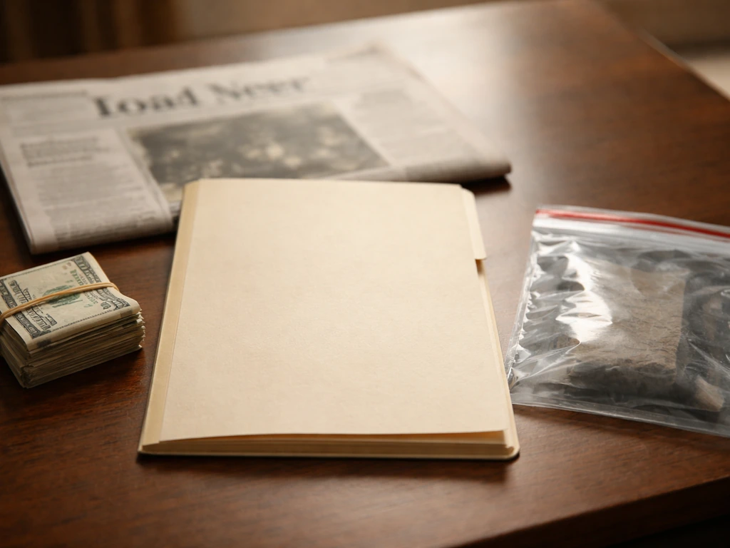 Minimal desk scene: open manila case file with blank papers beside blurred newspaper and cash.