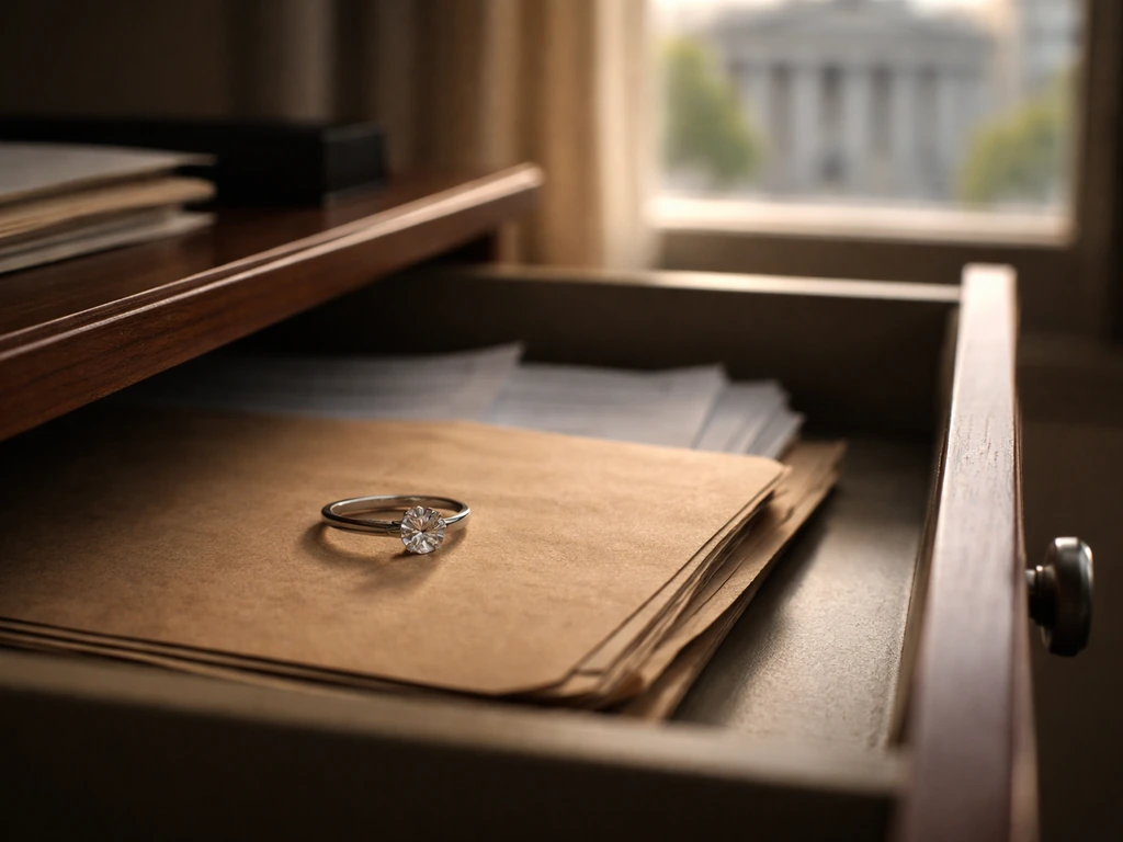 Diamond ring on a manila folder on an office desk with a soft courthouse background