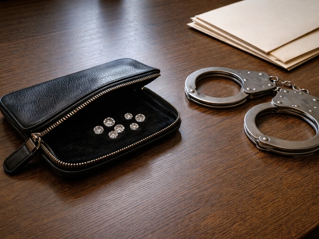 A dark desk with diamond-like stones and handcuffs, symbolizing criminal proceeds excluded.