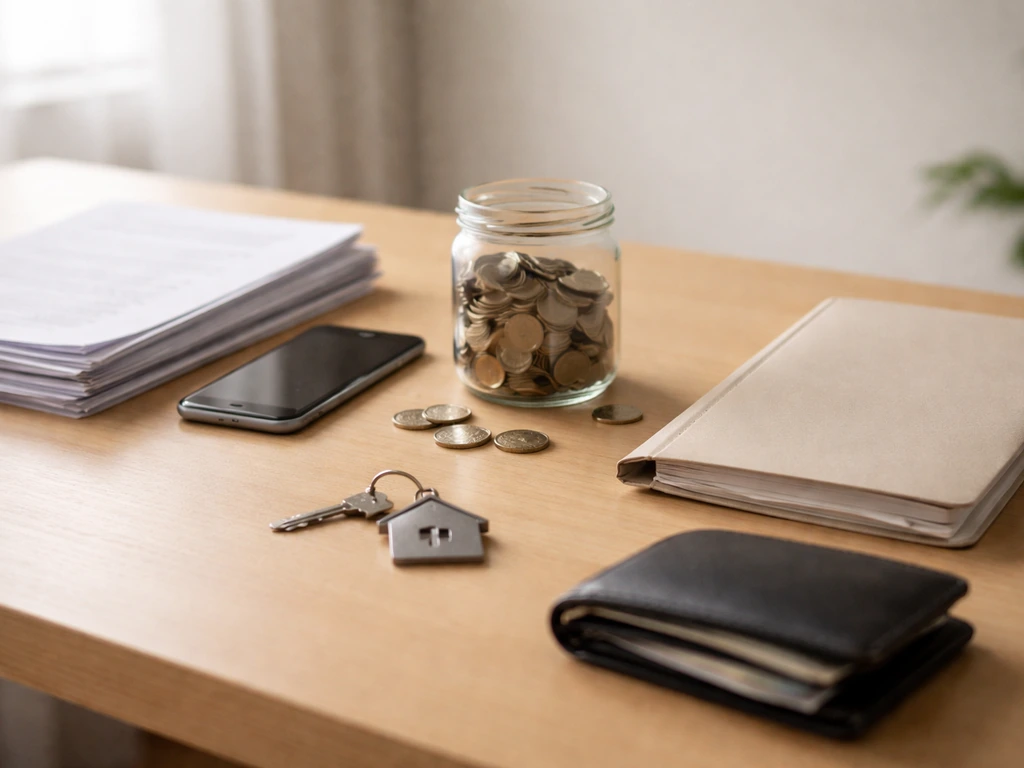 Minimal desk scene with generic documents, coins, and real-estate symbols suggesting public-data net worth estimation.