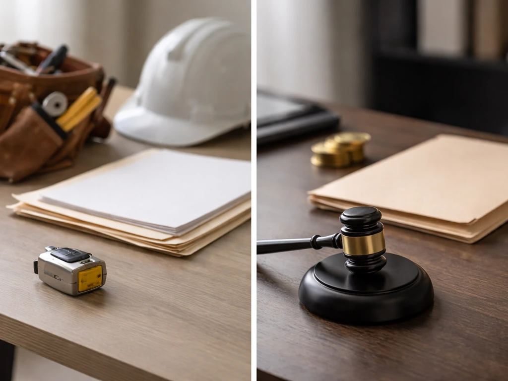 Minimal split-style scene with business paperwork and a courtroom gavel symbolizing contractor vs heist identities