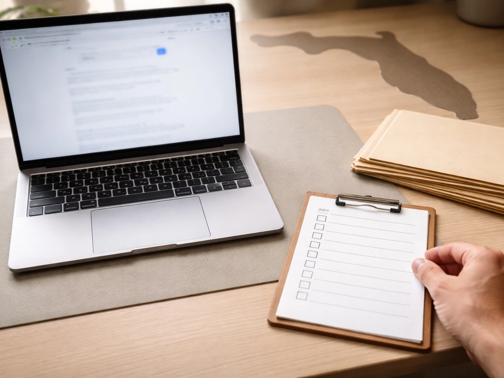Laptop and blank checklist beside public-record folders with a subtle Florida silhouette on an office desk.