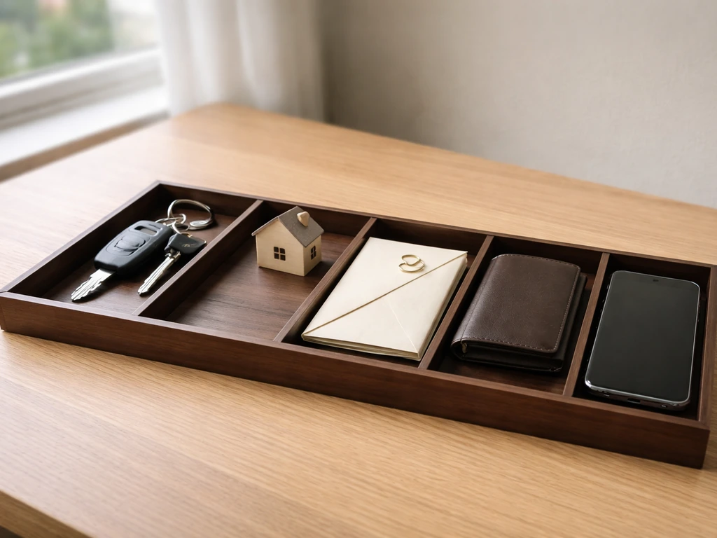 Small items on a wooden desk symbolizing assets: keys, a house token, wallet, envelope, and a phone.