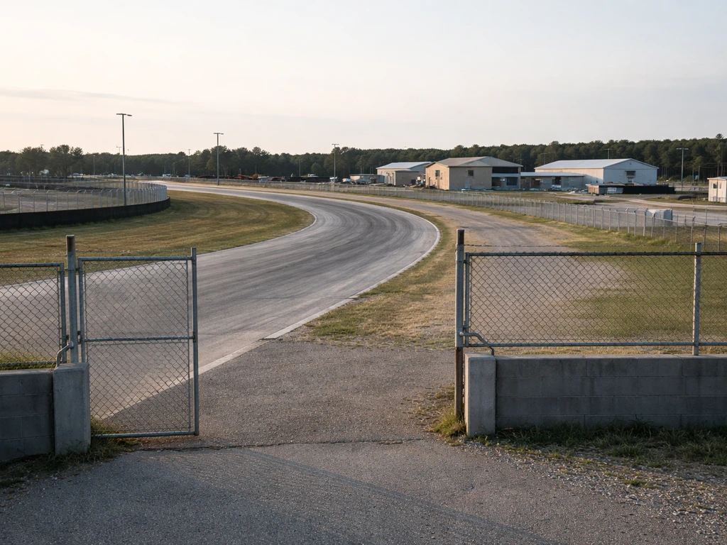 A quiet motorsports park frontage with an empty track and adjacent real-estate lot in golden-hour light