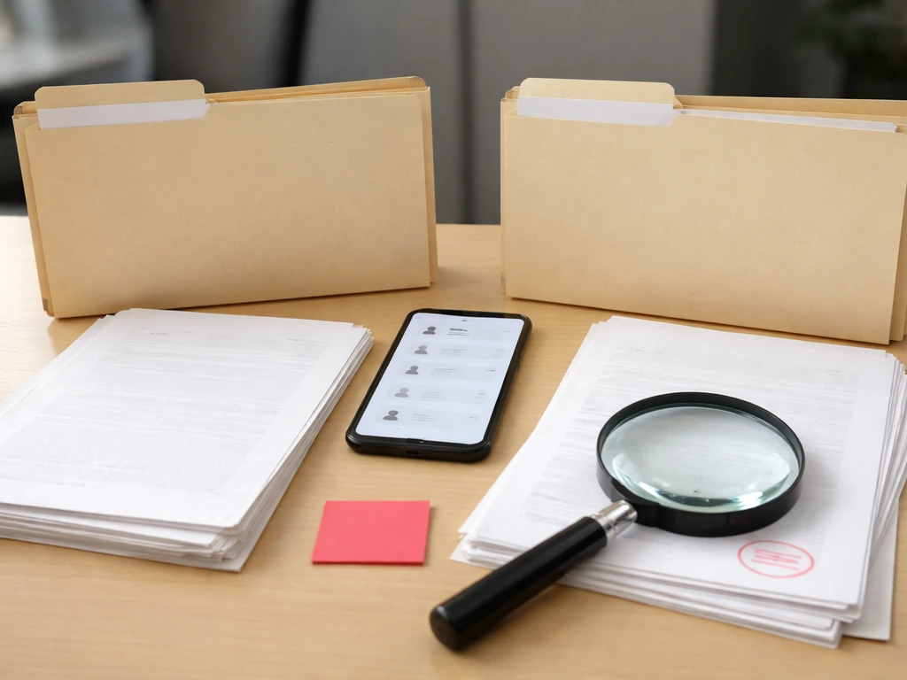 Office desk scene with magnifying glass and separate document stacks suggesting identity mix-ups.